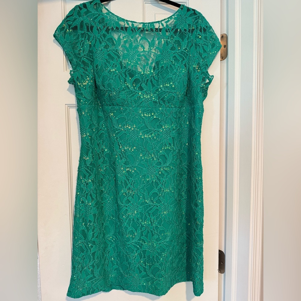 Adrianna Papell Teal Lace Sequin Sheath Dress Cap Sleeve Women’s Size 14
